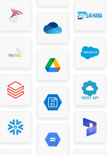 Integrações: SQL Server, MySQL, Databricks, Snowflake, Oracle, PostgreSQL, BigQuery, Word, CSV, PowerPoint, Excel, TXT, PDF, Google Drive, SAP HANA, Salesforce, REST API, Confluence, Jira, HubSpot